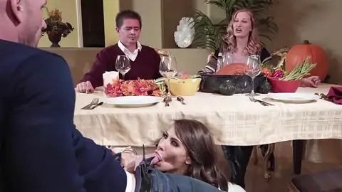 Madison Ivy providing a deep throat under the table