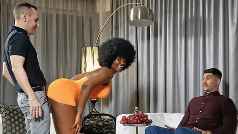 Ebony ultra-cutie on her knees gives hubby's chief a suck off