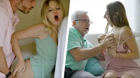 Step granddad and stepdad boinks teens with hair pulling