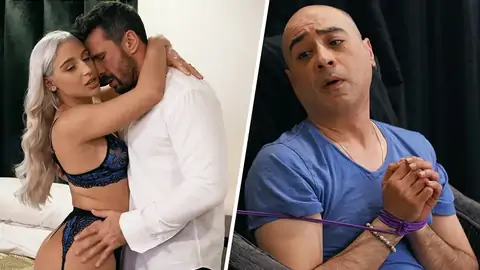 Fellow with trussed palms is attempting to smash a platinum-platinum-platinum-blonde damsel